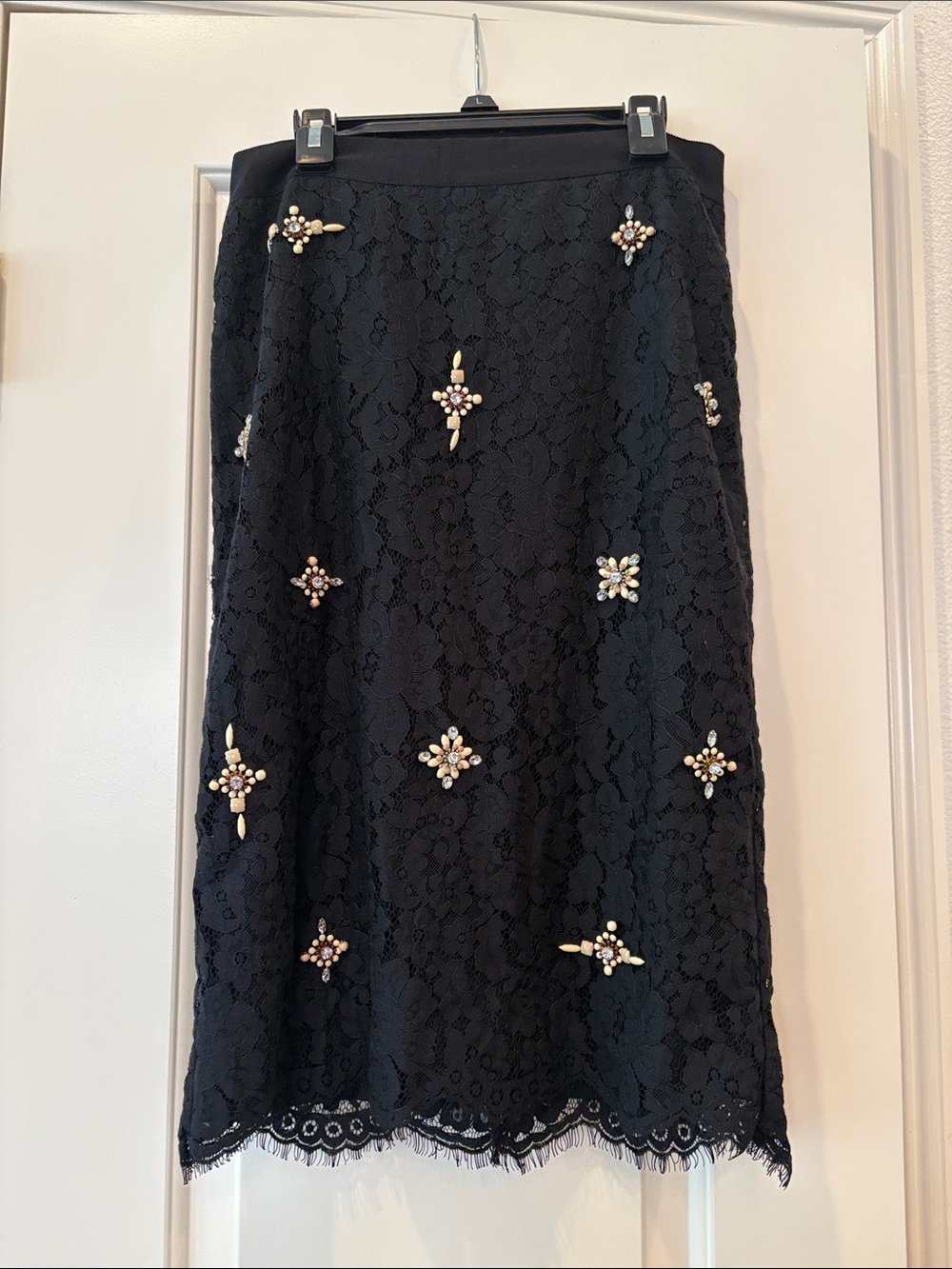 Joie Black Lace Midi Skirt with Pearl Cluster Embellishments